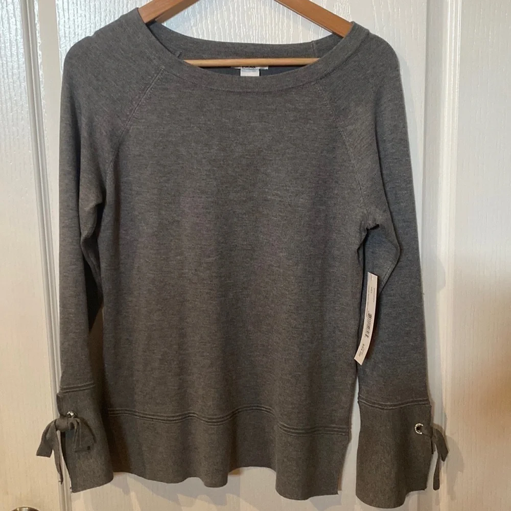 Women’s Sz S dressy gray lightweight sweatshirt with jeweled tie bell sleeves